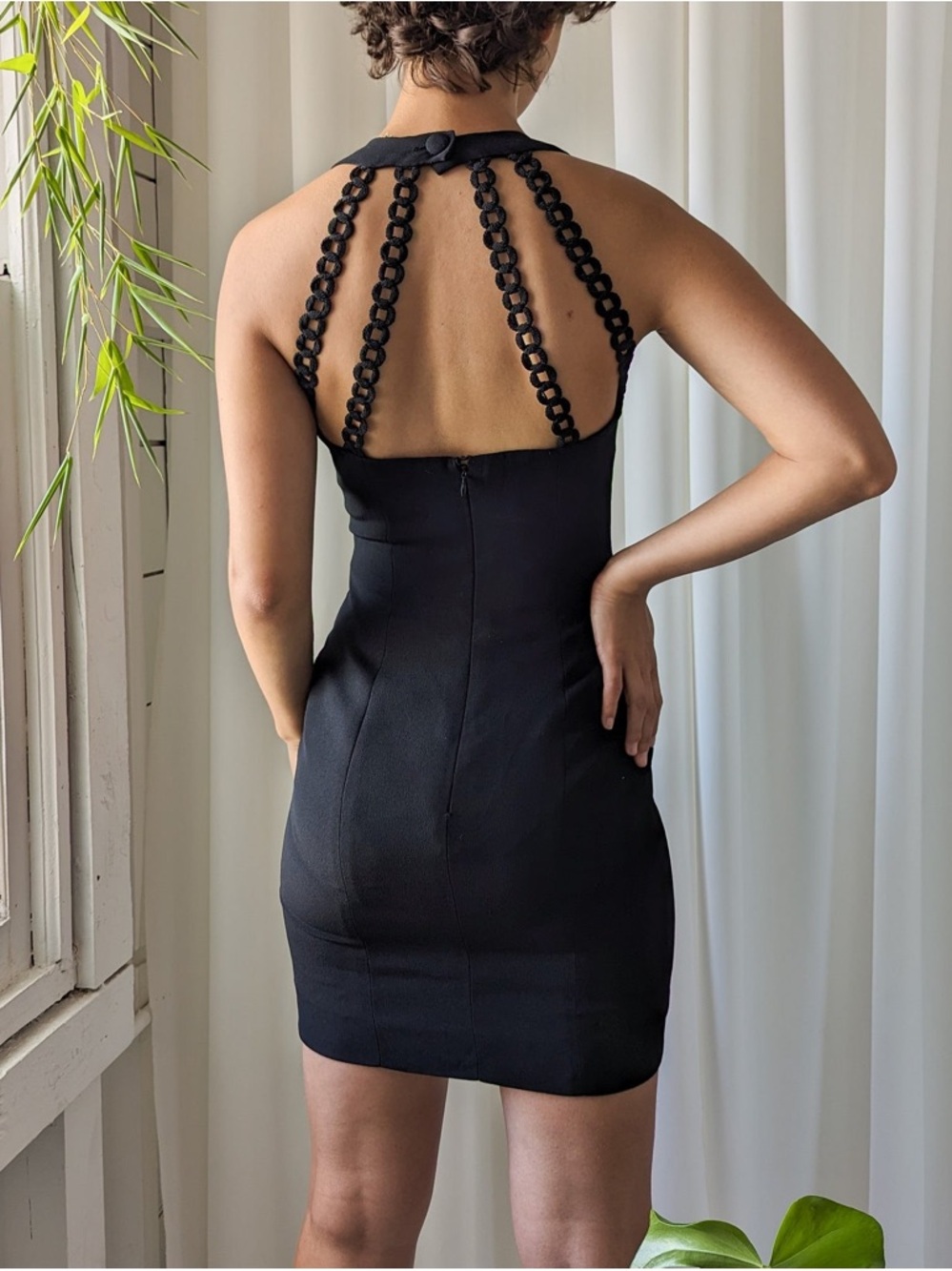 Nicole Miller Black Halter Mini Dress with Loop Strap Back